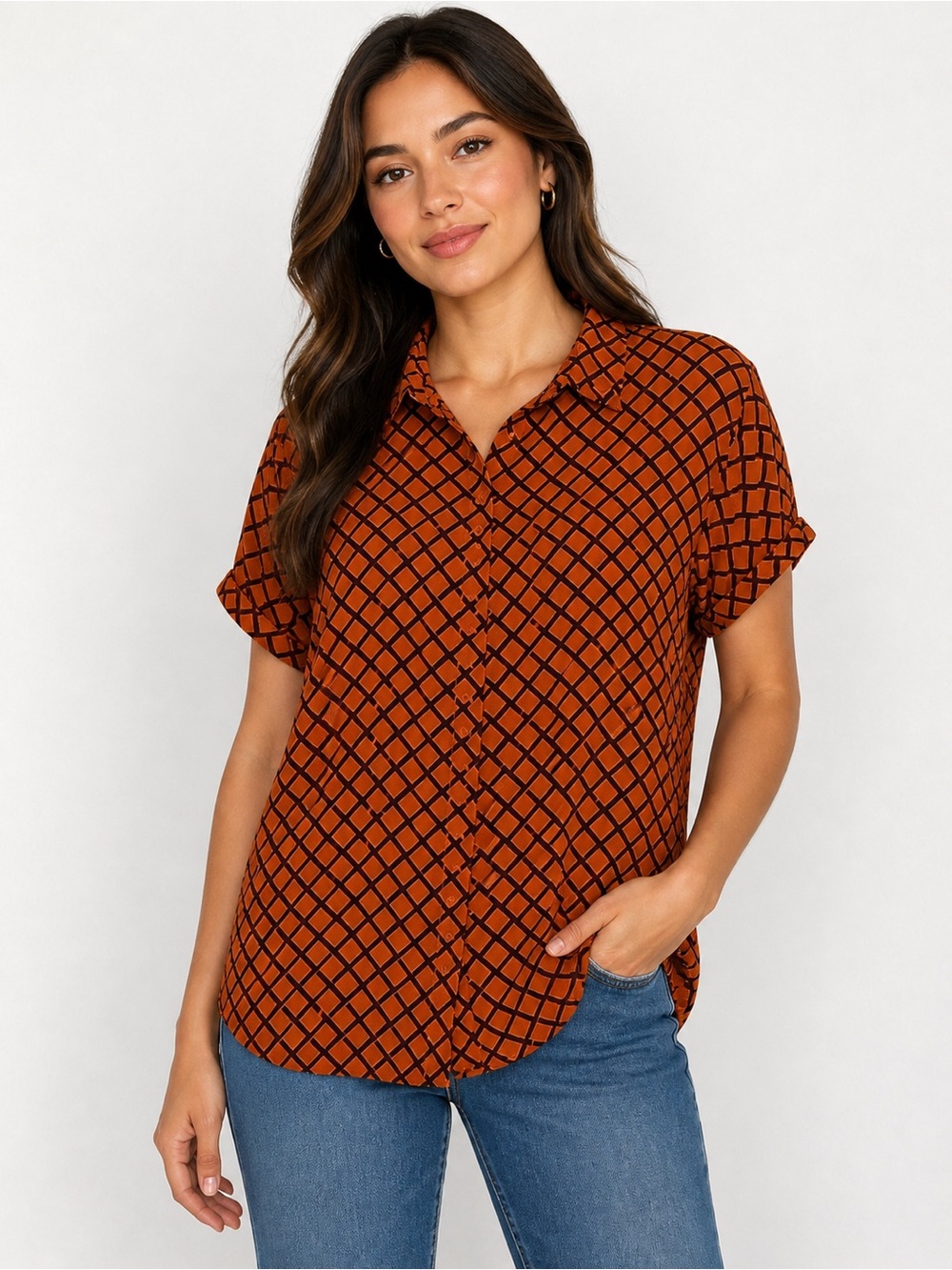 Forever 21 Women’s Geometric Print Button-Up Shirt Orange Black Size S